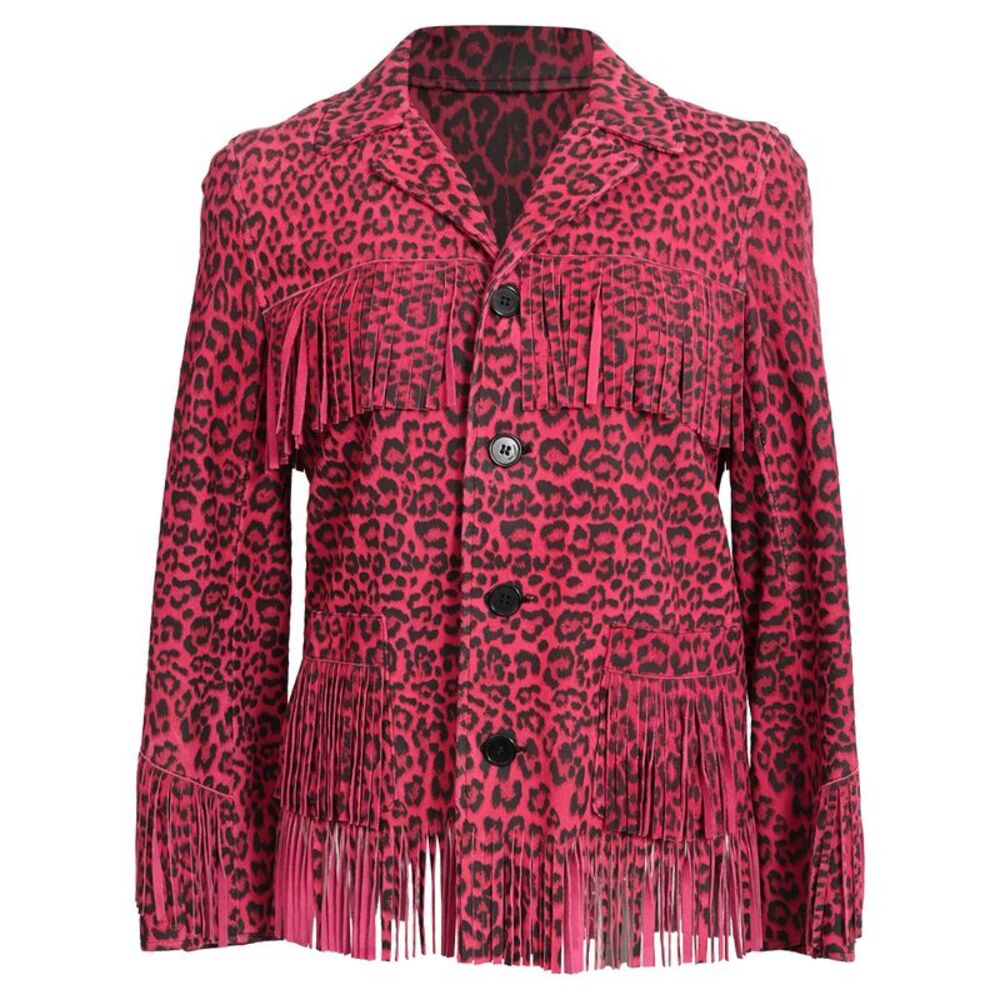 Saint Laurent Leopard-Print Fringed Jacket in Pink Goat Leather